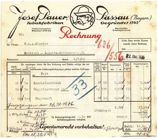 Werbe Rechnung Josef Pauer Passau Tabakfabrik 1936