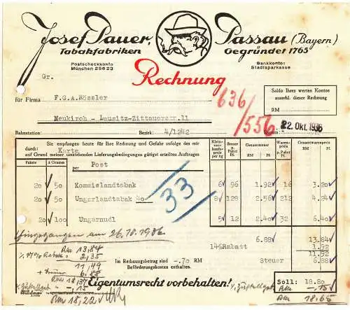 Werbe Rechnung Josef Pauer Passau Tabakfabrik 1936 