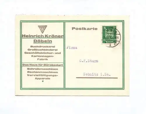Postkarte Heinrich Kröner Döbeln Buchdruckerei 1926