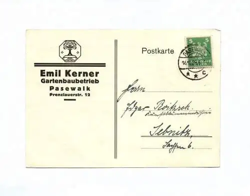 Postkarte Emil Kerner Gartenbaubetrieb Pasewalk 1926