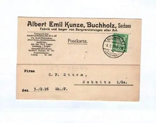 Postkarte Albert Emil Kunze Buchholz Sachsen Fabrik und Lager 1926