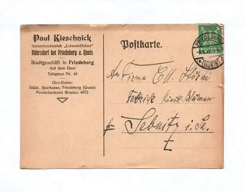 Postkarte Paul Kieschnick Gartenbaubetrieb Röhrsdorf bei Friedeberg 1926