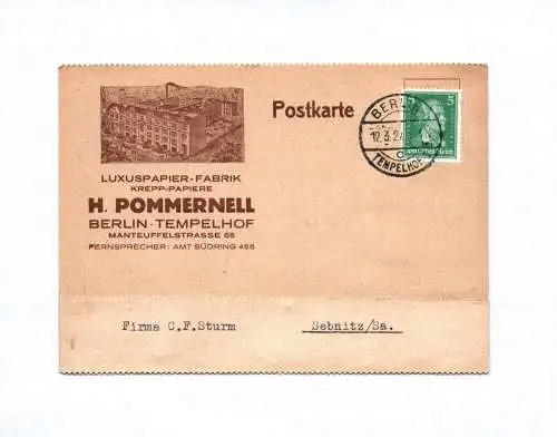 Postkarte Luxuspapier Fabrik H Pommernell Berlin Tempelhof 1927