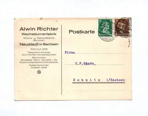 Postkarte Alwin Richter Wachsblumenfabrik Neustadt Sachsen 1927