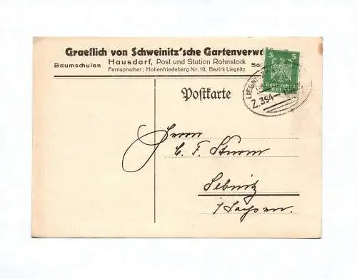 Postkarte Graeflich von Schweinitzsche Gartenverwaltung Hausdorf 1926