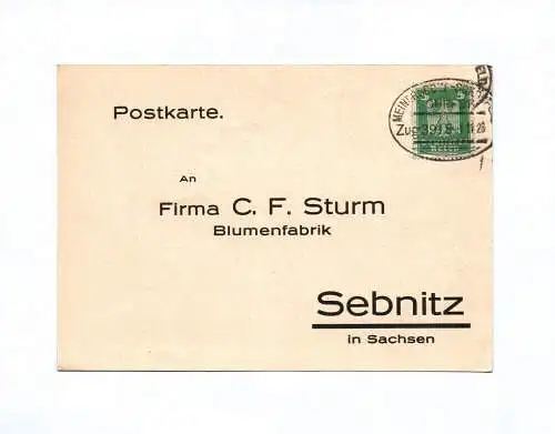 Postkarte Firma C F Sturm Blumenfabrik Sebnitz 1926