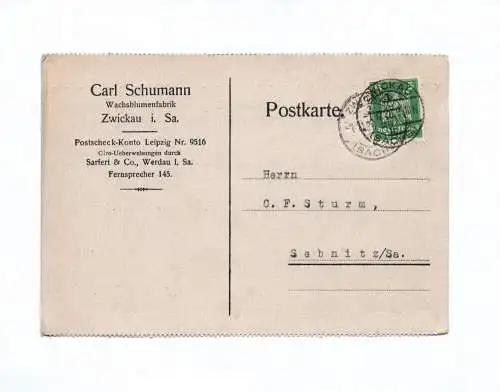 Postkarte Carl Schumann Wachsblumenfabrik Zwickau 1926