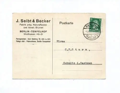 Postkarte J Seibt und Becker Fabrik Naturpflanzen Berlin Tempelhof 1927