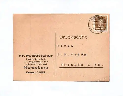 Drucksache Fr M Böttcher Hautleimfabrik Großhandel Merseburg 1929