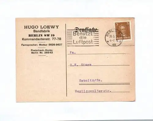 Drucksache Hugo Loewy Bandfabrik Berlin 1928