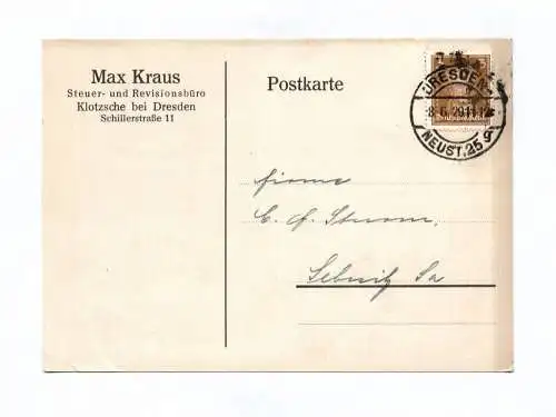 Postkarte Max Kraus Steuer und REvisionsbüro Klotzsche bei Dresden 1929
