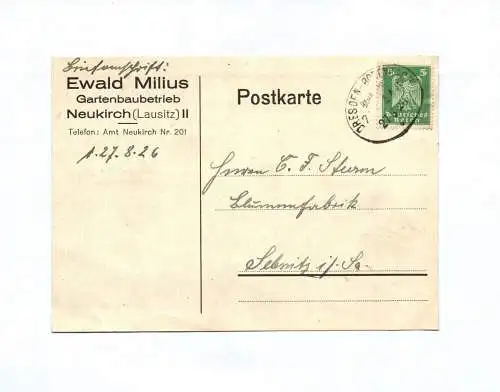 Postkarte Ewald Milius Gartenbaubetrieb Neukirch Lausitz 1926