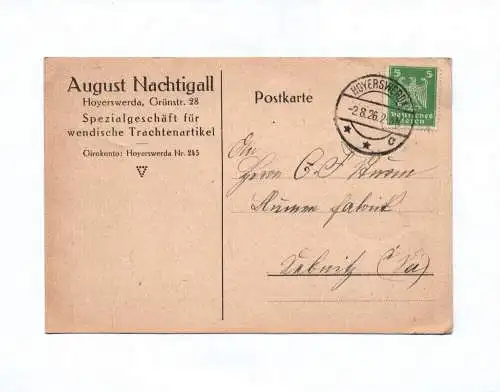 Postkarte August Nachtigall Hoyerswerda Spezialgeschäft 1926