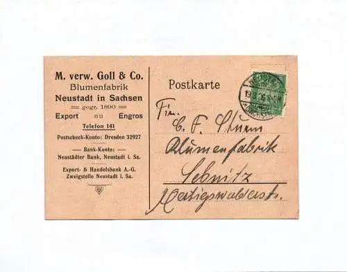 Postkarte Goll und Co Blumenfabrik Neustadt in Sachsen 1926