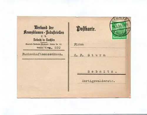 Postkarte Verband der Kranzblumen Industriellen Sebnitz 1934