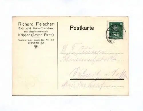 Postkarte Richard Fleischer Bau und Möbel Tischlerei Krippen 1927