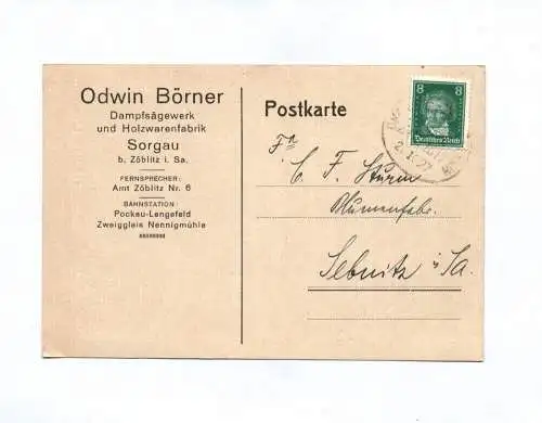 Postkarte Odwin Börner Dampfsägewerk Sorgau 1927