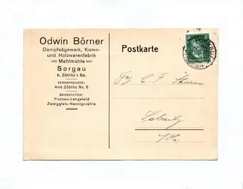Odwin Börner Dampfsägewerk Sorgau Postkarte 1927