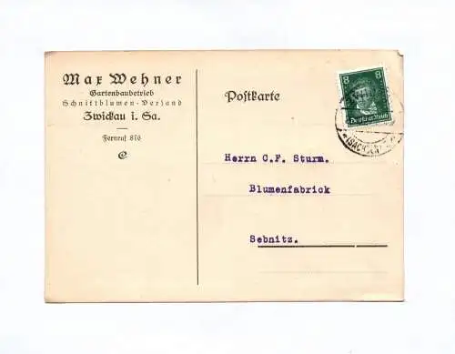 Postkarte Max Wehner Gartenbaubetrieb Zwickau Sachsen 1927
