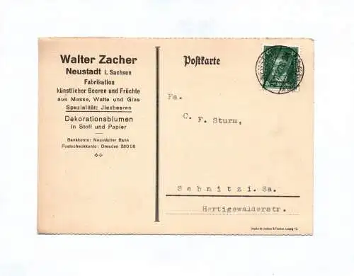Postkarte Walter Zacher Neustadt Fabrikation 1927