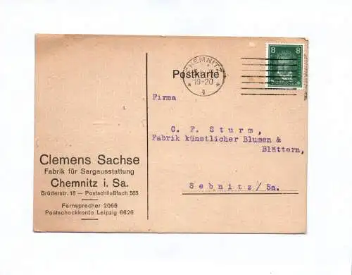Postkarte Clemens Sachse Fabrik Sargausstattung Chemnitz 1927