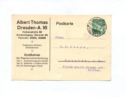 Postkarte Albert Thomas Dresden Großbetrieb Papierverarbeitung 1925