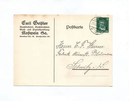 Postkarte Emil Geißler Buchbinderei Roßwein Sachsen 1927