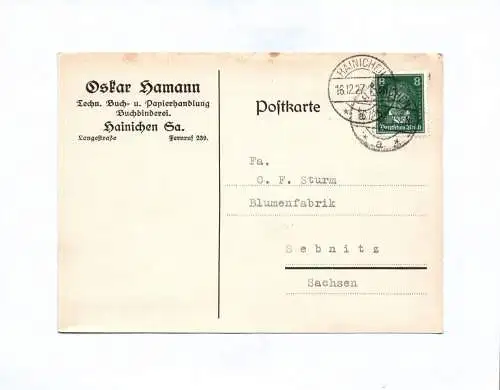 Postkarte Oskar Hamann Buchbinderei Hainichen 1927