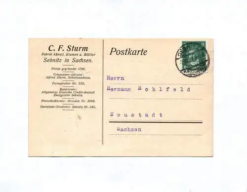 Postkarte C F Sturm Fabrik künstliche Blumen Sebnitz Sachsen 1927