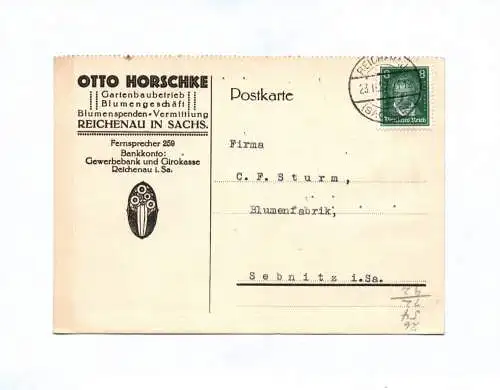 Postkarte Otto Horschke Gartenbaubetrieb Reichenau 1927