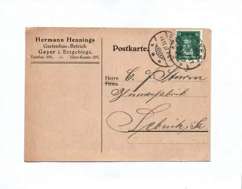 Postkarte Hermann Hennings Gartenbau Betrieb Geyer Erzgebirge 1927