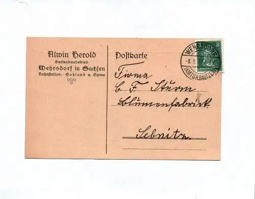 Postkarte Alwin Herold Gartenbaubetrieb Wehrsdorf in Sachsen 1927