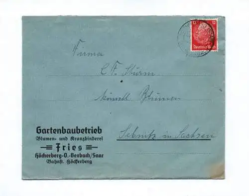 Brief Gartenbaubetrieb Blumen und Kranzbinderei Fries Höcherberg 1942