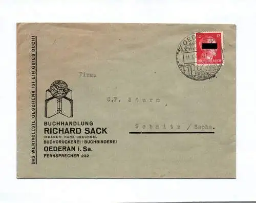 Brief Buchhandlung Richard Sack Oederan in Sachsen 1942