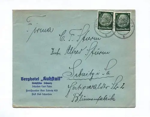 Brief Berghotel Kuhstall Sächsische Schweiz Bad Schandau 1941