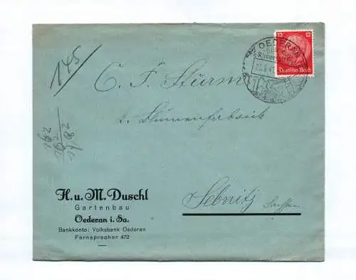 Brief H und M Duschl Gartenbau Oederan in Sachsen 1941