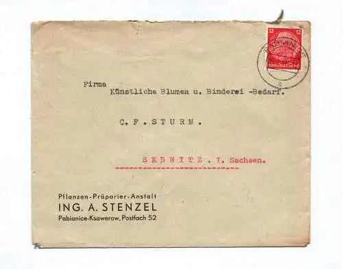 Pflanzen Präparier Anstalt Ing A Stenzel 1941 Brief Pabianice Ksawerow