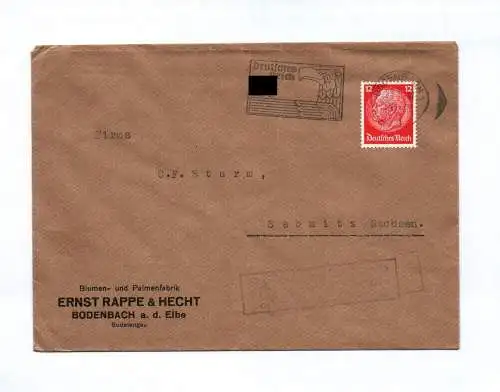Brief Blumen und Palmenfabrik Ernst Rappe und Hecht Bodenbach Elbe 1941