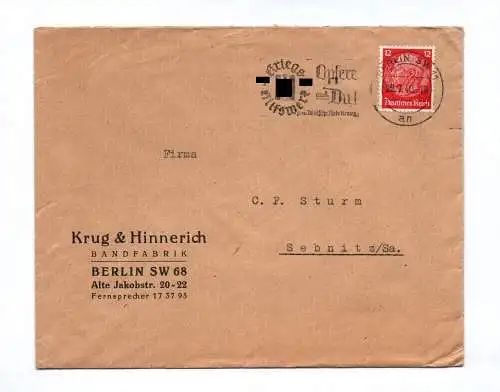 Brief Krug und Hinnrich Bandfabrik Berlin 1940