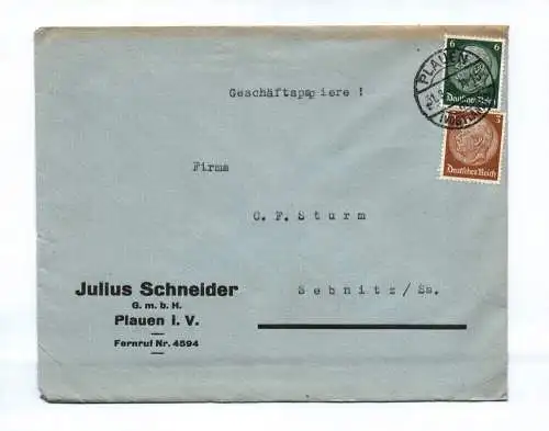 Brief Julius Schneider Plauen im Vogtland 1940