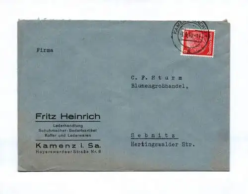 Brief Fritz Heinrich Lederhandlung Kamenz in Sachsen 1940