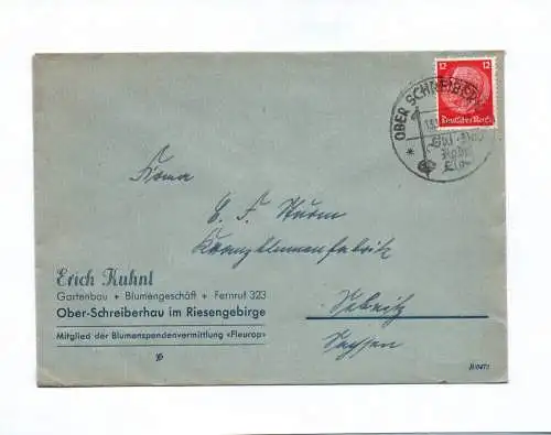 Brief Erich Kuhnt Gartenbau Blumengeschäft Ober Schreiberhau 1940