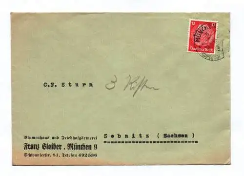 Brief Blumenhaus Friedhofsgärtnerei Franz Stoiber München 1940
