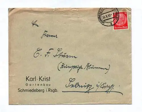 Brief Karl Krist Gartenbau Schmiedeberg im Riesengebirge 1940