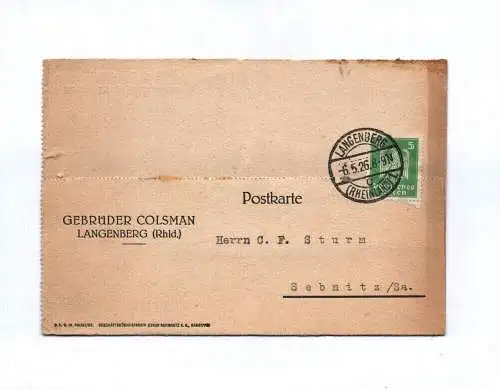 Postkarte Gebrüder Colsman Langenberg 1926