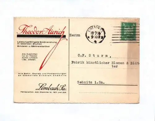 Postkarte Theodor Aurich Großhandlung Blumen Limbach 1925