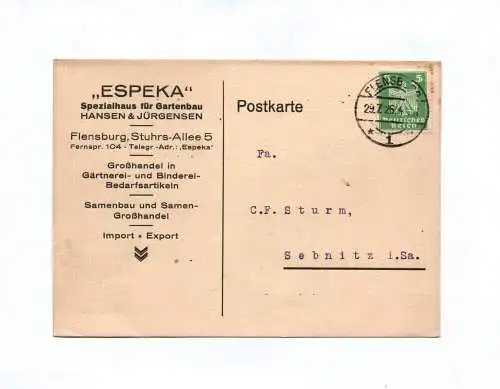 Postkarte Espeka Spezialhaus  Hansen Jürgensen Flensburg 1926