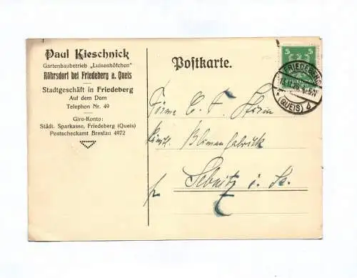 Postkarte Paul Kieschnick Gartenbaubetrieb Luisenhöfchen Röhrsdorf 1926