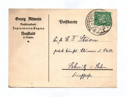 Postkarte Georg Altwein Buchdruckerei Papierwaren Engros Neustadt 1926