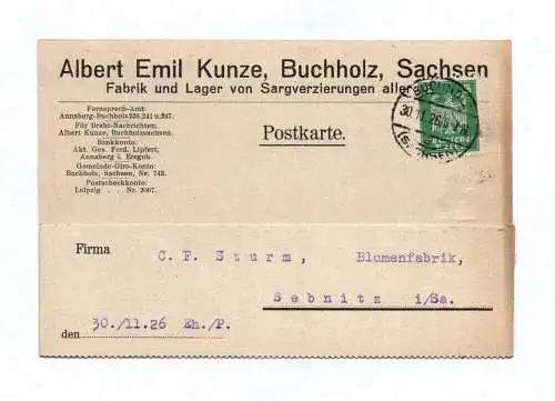 Postkarte Albert Emil Kunze Buchholz Sachsen Fabrik Lager 1926